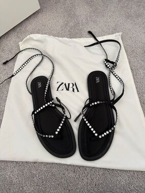 ZARA Black Rhinestone Lace-Up Flat Sandals